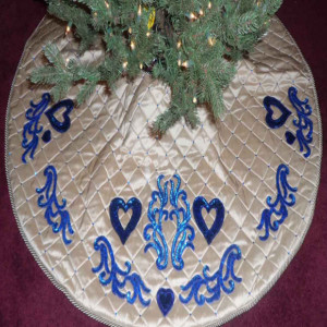 Silk Christmas Tree Skirt with Royal Blue Hearts-50 inches 