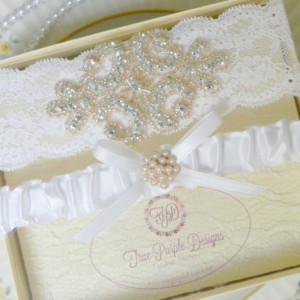 White Lace & Satin Garter Set with Rose Gold Beading & Rhinestones