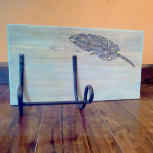 Reclaimed Wood Wine Bottle Holder with Burned Feather Design