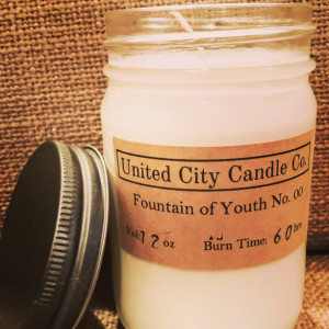 Fountain of Youth No. 00 --rose, vanilla, and lavender infuse youthfulness to your home. 100% soy candle. United City Candle Co.Made in USA