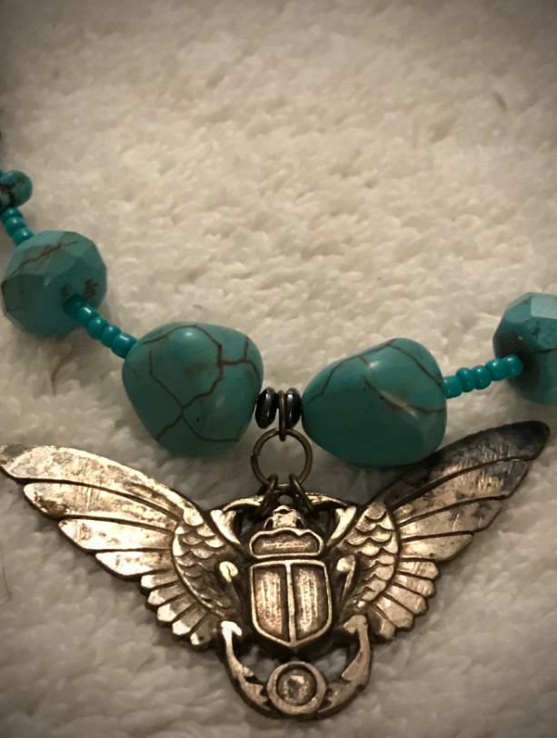 Vintage Scarab handmade beaded necklace 25" long 