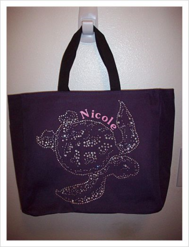 Personalized Rhinestone Turtle Tote Bag with Pockets