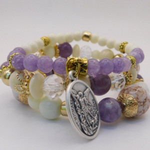 Amethyst Gemstones Bracelet Set, Set Three Bracelets Religious Charm Stack Jewelry, Gift for Her, Handmade Jewelry