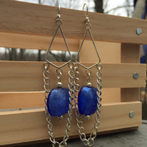 Chandelier earrings, chain earrings, blue glass earrings, bead earrings, dangle earrings
