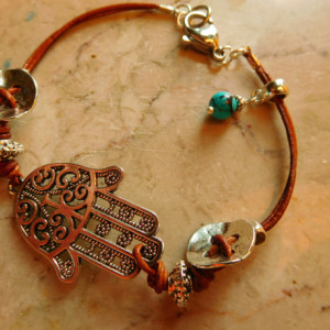 Natural dye Brown leather with Hamsa charm and decorative silver tone buttons.  #B00214