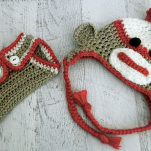 Sock Monkey Hat & Buttoned Diaper Cover Set 