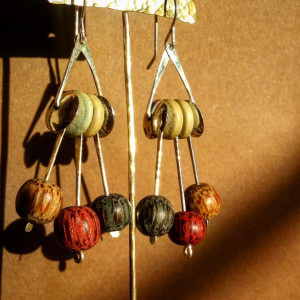 Bohemian Sterling Silver Dangle Earrings with Wooden Beads Boho Jewelry 