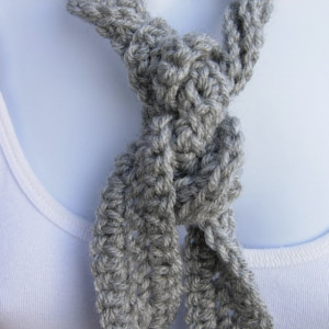 Women's Solid Light Silver Gray Grey Skinny SUMMER SCARF Small Soft Narrow Lightweight Twisted Crochet Necklace, Ready to Ship in 2 Days