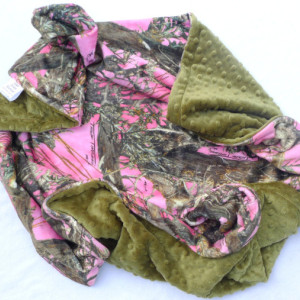 Baby Blanket, True Timber Camouflage Minky Baby Blanket, MC2 Pink With Green Dot Minky For Your Baby Girl