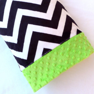 Toddler Child Minky Pillowcase - Navy Blue and Creamy White Chevron Minky with Lime Green Cuff - Chevron Pillow Cover - Chevron Pillowcase