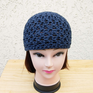 Dark Solid Navy Denim Blue Summer Beanie Hat, Soft 100% Cotton Lacy Skull Cap, Women's Men's Crochet Knit Chemo Cap, Ready to Ship in 3 Days 