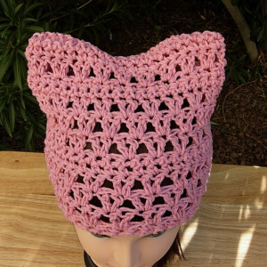 Light Rose Pink Pussy Cat Hat, 100% Cotton Summer PussyHat, Lightweight Lace Crochet Knit Solid Pink Thin Beanie, Resist, Ready to Ship in 3 Days