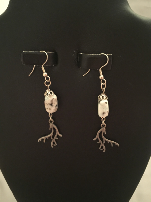 Sterling Silver and Kiwi Jasper with Pewter Antlers Earrings