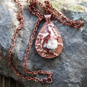 Teardrop Shaped Copper Metal Clay Pendant with Crazy Lace Agate