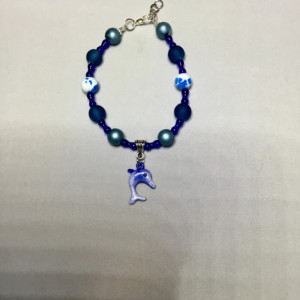 Blue Glass Beaded Bracelet with Dolphin Charm