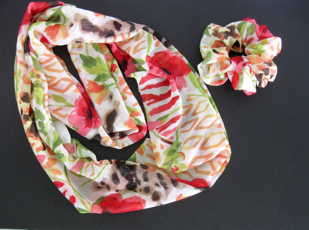 Scarf and Scrunchie Set - Infinity or flat scarf, multicolor print, handmade, womens accessories, scrunchy
