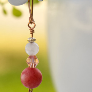 Gemstone Earrings, Rose quartz, Frosted Coral, Vintage Peach Crystal bicone, Freshwater Pearls