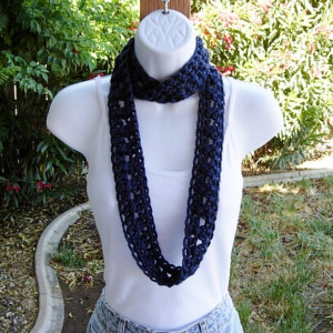 Women's Small Navy Blue Skinny SUMMER INFINITY SCARF, Solid Dark Blue Cowl, Soft Lightweight Crochet Knit Narrow Circle, Ready to Ship in 2 Days