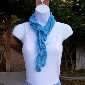 Solid Hot Blue Skinny SUMMER SCARF Women's Small Cotton Spiral Crochet Knit Narrow Lightweight Bright Blue Neck Tie, Ready to Ship in 2 Days
