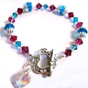 Crystal Heart Charm Bracelet, Capri Blue Fuchsia Bracelet, Sterling Silver Bracelet, Heart Toggle, Heart Charm, Colorful Bracelet, For Her