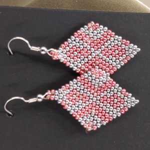 Silver and Coral Geometric Beaded Earrings