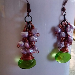 Peridot Crystal Briolette Cluster Dangling Earrings wrapped in Copper with Lavender seed pearls