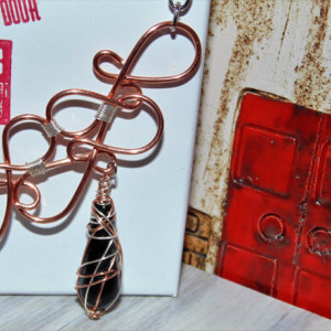 Wire Wrapped Necklace, Natural Copper, Sterling Silver and Black Agate Pendant