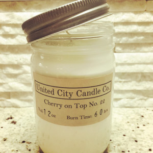 Cherry on Top No. 22-Plump bright cherry on whipping cream over natural vanilla ice cream. 100% soy candle.United City Candle Co.Made in USA