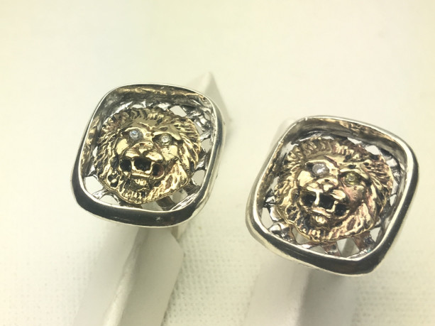 10k Gold  Diamond Lion head sterling silver cufflinks