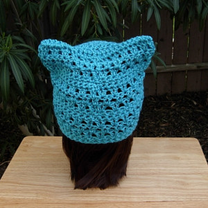Turquoise Blue Pussy Cat Hat w/ Ears, Summer Lacy PussyHat Lightweight Soft Acrylic Crochet Knit Thin Spring Warm Weather Beanie, Ready to Ship in 3 Days