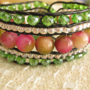 Leather beaded cuff bracelet in Rose and Green Wrap bracelet, designer look