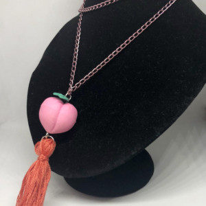 Upcycled Peach Fruit Eraser Toy with Tassel Necklace - Peach Emoji Jewelry - Tassel Necklace - Upcycled Toy Necklace - Fuzzy Peach Fruit