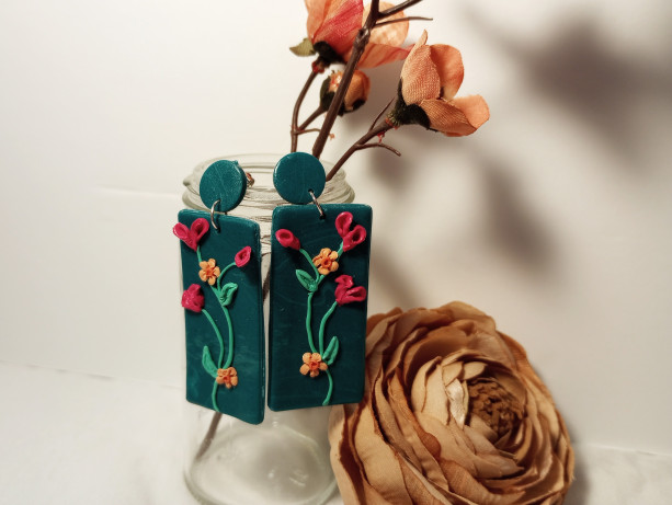 Polymer Clay Teal Floral rectangular post-style dangle earrings