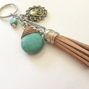 Tassel Keychain, Mixed Metal Keychain, Keyring, Rearview Mirror Charm, Purse Charm, Bag Charm, Gift for Her, Turquoise, Indian Head, Native