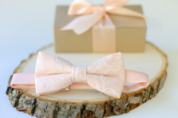 Peach and Ivory Lace Bow Tie - Peach Mens Bow Tie - Peach Pre-Tied Bow Tie - Peach Bow Tie - Ivory and Peach Bow Tie - Wedding Bow Tie