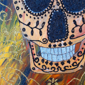 Gold Day of the Dead Skull 22x30 Framed Mix Media Painting Glitter ORIGINAL One of a kind