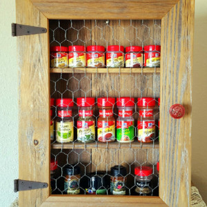 Country Cabinet. Rustic Spice Cabinet with Chicken Wire & Red Distressed Knob. Country Kitchen Cabinet