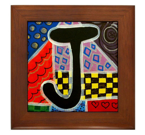 Folk Art - Letter "J" - FRAMED TILE By Artist A.V.Aposte