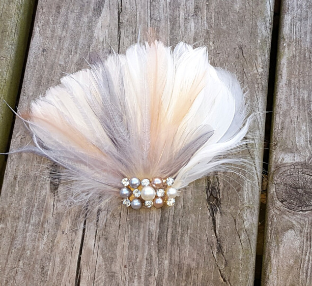 Peach and Gray, Feather Hair Clip, Wedding Hair Accessories, Bridal Hair Fascinator,Vintage Style Fascinator, Great Gatsby, Bridal Comb,