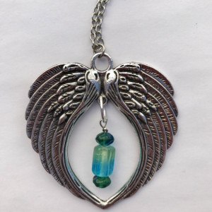 Angel Wings Large Pendant Necklace, with Blue Green Glass Beads, Steampunk