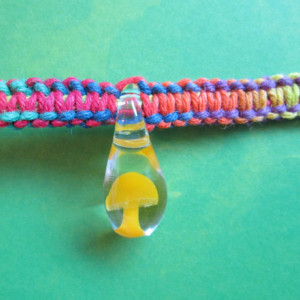 Handmade Rainbow Hemp Choker Style Necklace with Awesome Hand Blown Glass Yellow Mushroom Pendant- Trippy Hemp Necklace