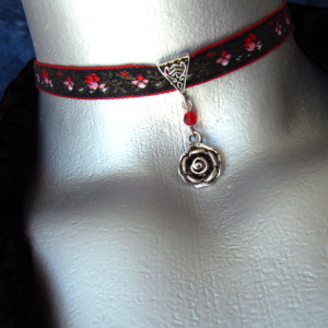 Silver Rose Pendant Ribbon Choker Necklace -- Customizable