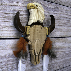 Handcrafted Eagle/Buffalo Skull Intarsia Wood Art, Wall Art.