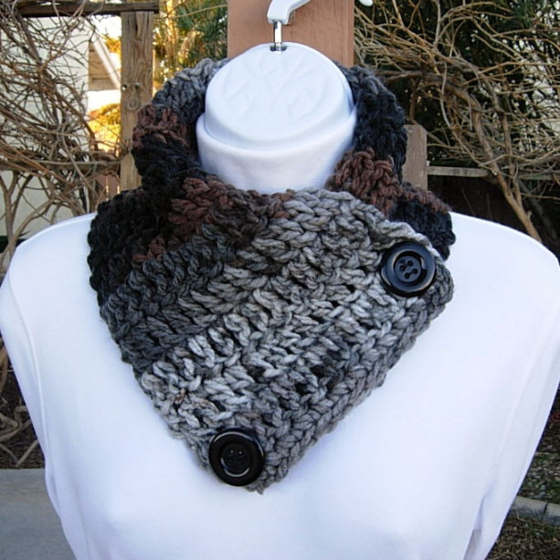NECK WARMER SCARF Black Gray Grey Dark Brown, Black Buttons, Soft Acrylic Crochet Knit Buttoned Cowl Scarflette, Ready to Ship in 3 Days