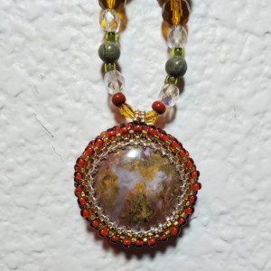 Necklace - Plume Agate Gemstone in Glass Bead Bezel, ID - 357