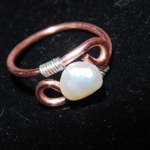 Wire Wrapped Ring, Natural Copper, Sterlings Silver and Freshwater Pearl, Sz. 8
