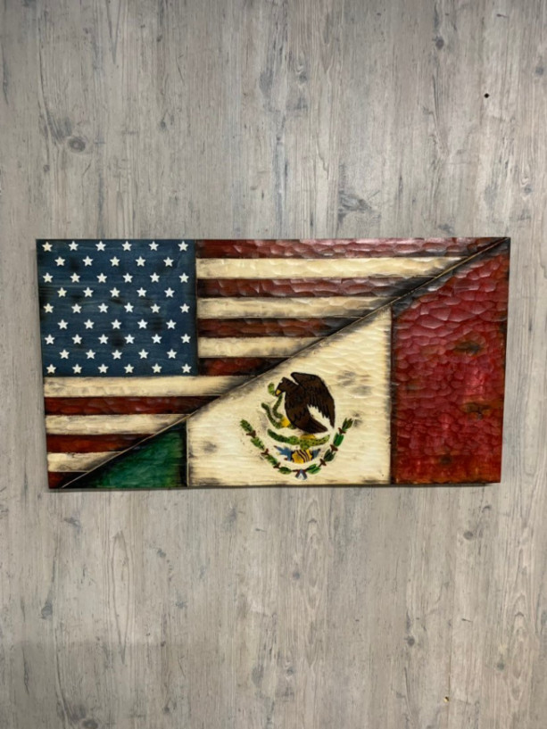 Wood Split US Flag and Mexico Flag