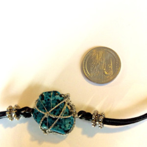 Wire wrapped polished stone leather bracelet, blue stone