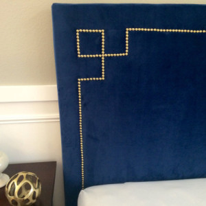 Navy Velvet upholstered headboard and bed frame with Gold nail head trim