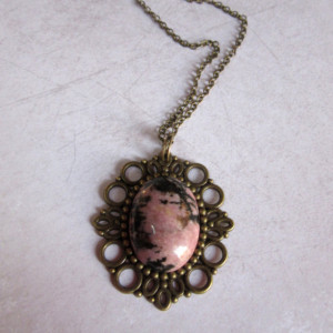 Pink Rhodonite Necklace, Healing Crystal Necklace, Chakra Necklace, Pink Stone Necklace, Reiki Necklace, New Age Jewelry, Dark Brass Jewelry